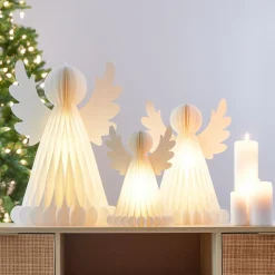 Ange lumineux à piles 6 LED (H38 cm) Papier fermeture magnétique Blanc