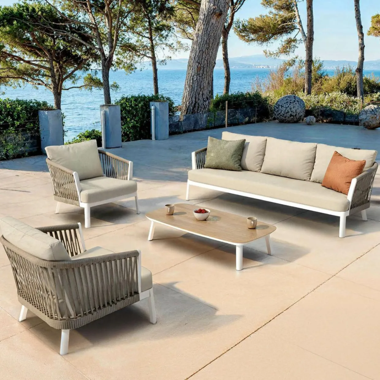 Canapé de jardin en aluminium 3 places Amalfi Blanc et beige