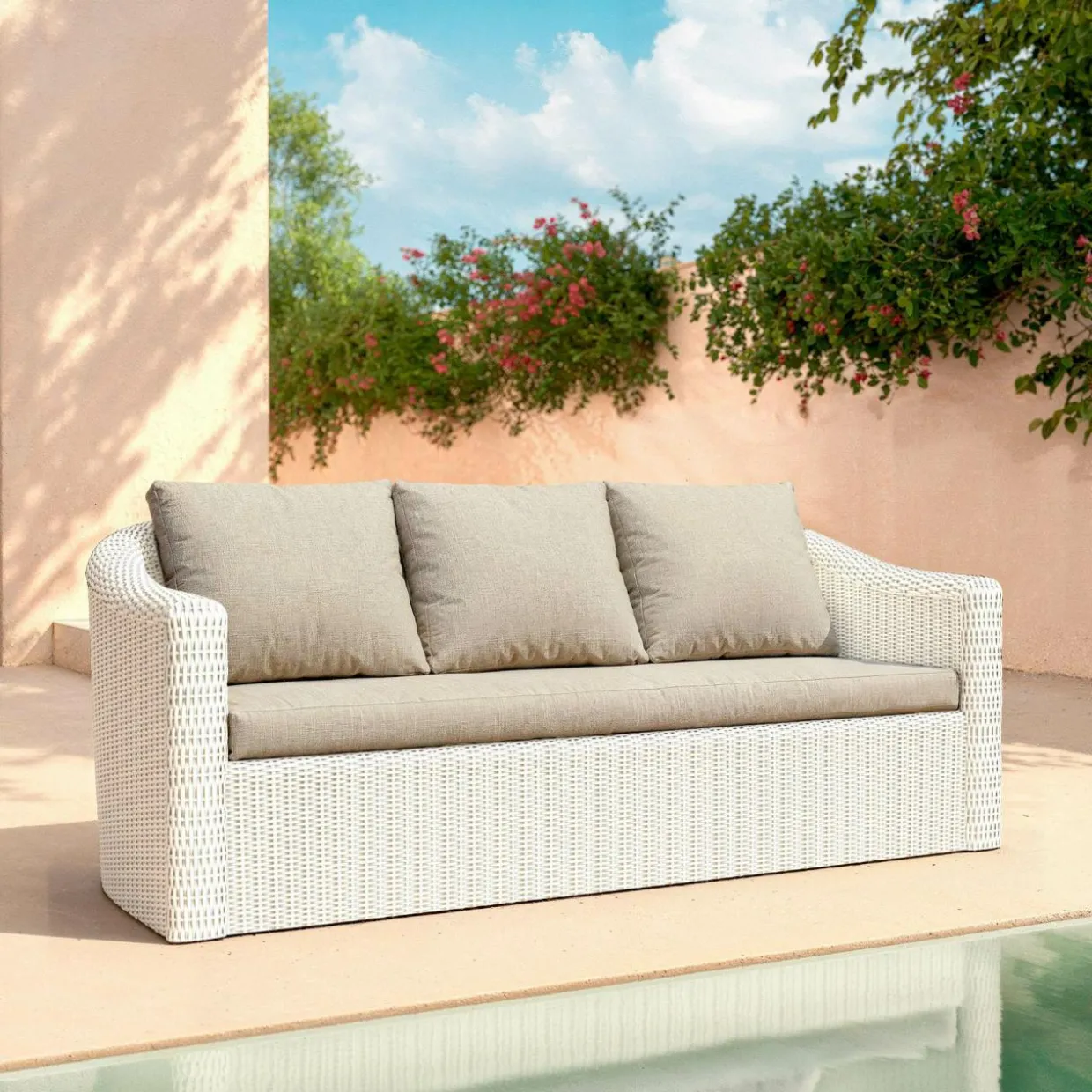 Canapé de jardin en résine tressée 3 places Calvi Blanc et taupe