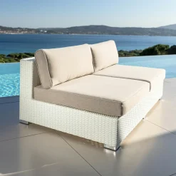 Chauffeuse de jardin en résine tressée 2 places Palma Blanc et taupe