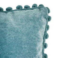 Coussin carré (40 x 40 cm) Pompons Bleu canard