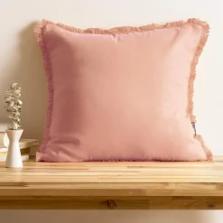 Coussin carré coton (45 x 45 cm) Pixel franges Rose pêche