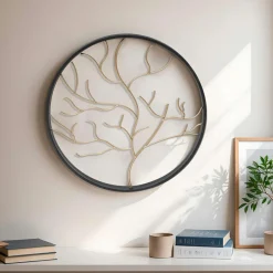 Décoration murale ronde en métal (D28 cm) Arbre contemporain Noir et doré