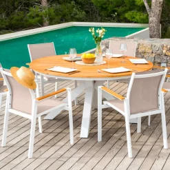 Fauteuil de jardin aluminium et bois teck empilable Bali Blanc