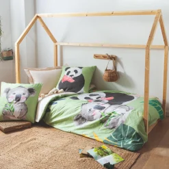 Housse de couette enfant percale de coton (200 x 200 cm) Panda Verte