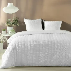 Housse de couette et deux taies microfibre plissée (240 x 220 cm) Plissia Blanche