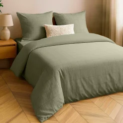 Housse de couette et deux taies d'oreiller coton lavé (260 x 240 cm) Linella Vert sauge