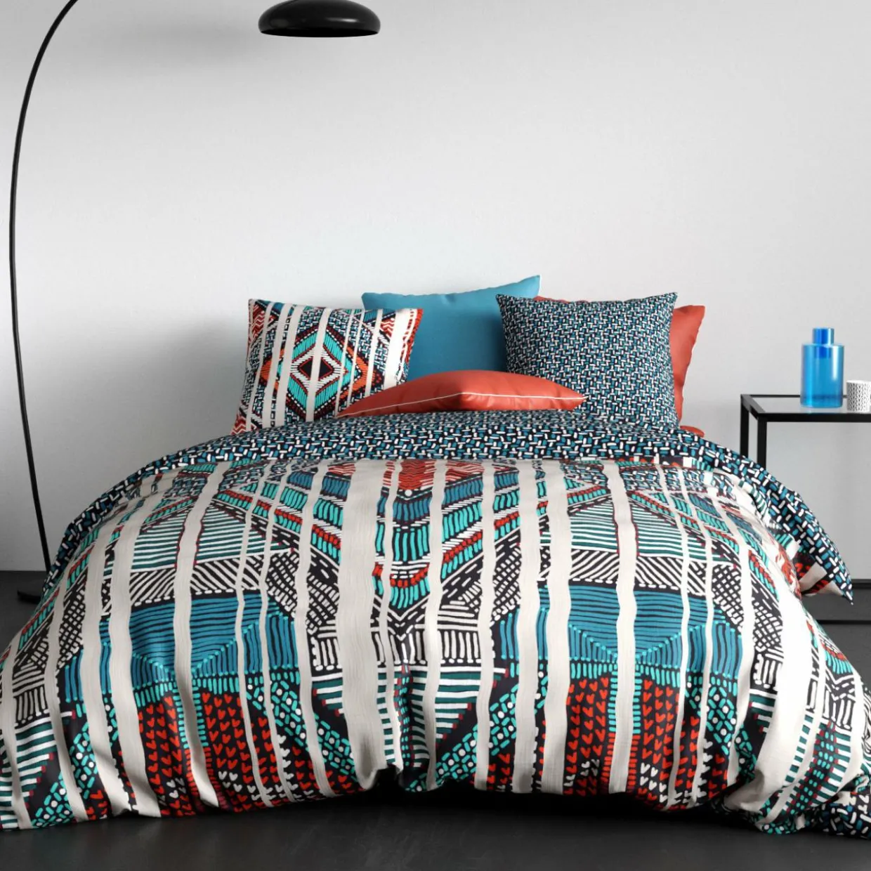 Housse de couette et deux taies coton (240 x 220 cm) India Multicolore