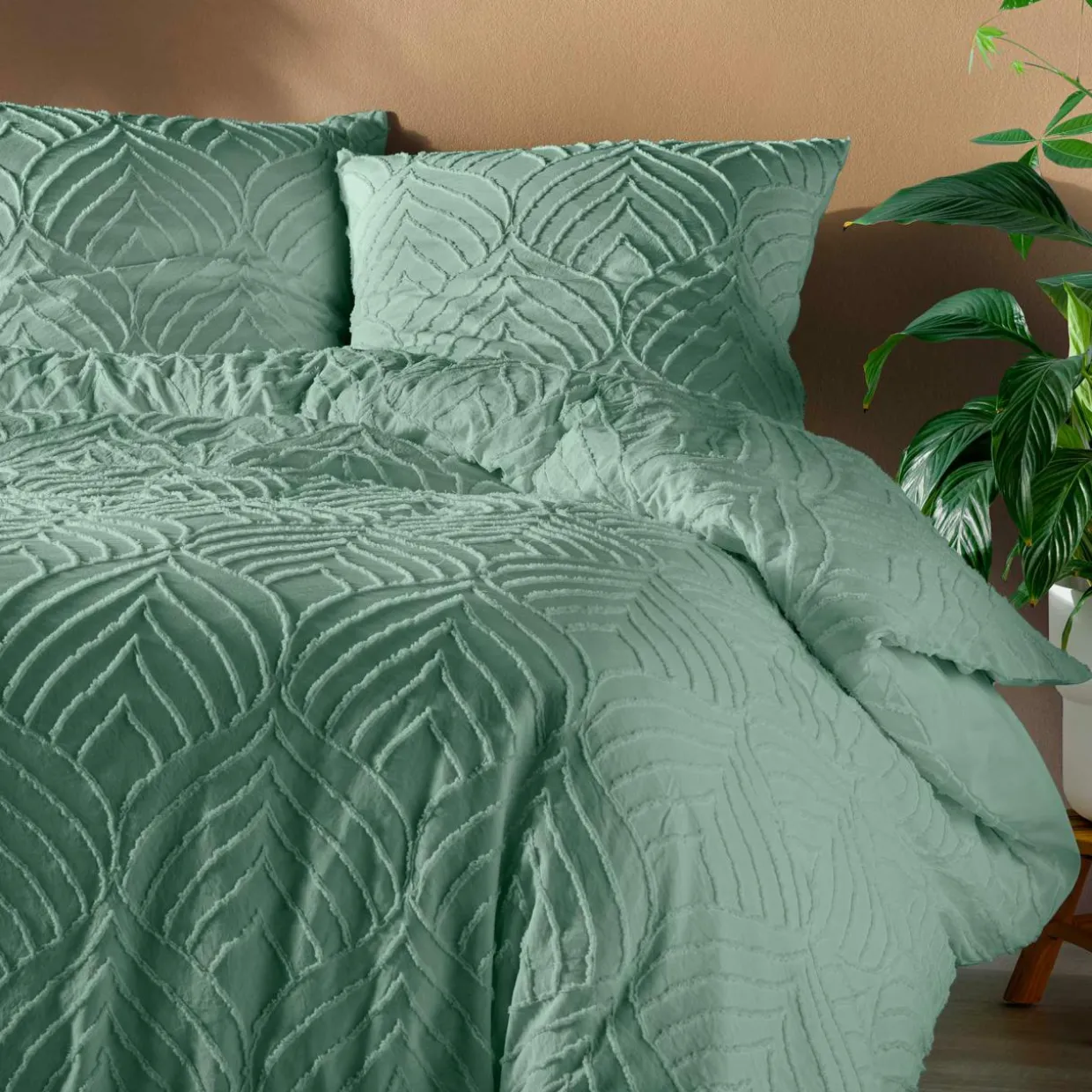 Housse de couette et deux taies microfibre (260 x 240 cm) Heltie Vert sauge