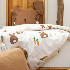Housse de couette et deux taies enfant coton (240 x 220 cm) Pompon Marron