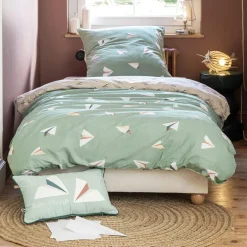 Housse de couette et deux taies enfant coton (200 x 200 cm) Petits papiers Verte