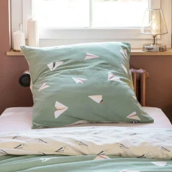 Housse de couette et deux taies enfant coton (200 x 200 cm) Petits papiers Verte