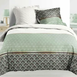 Housse de couette et deux taies percale de coton (260 x 240 cm) Belor Verte