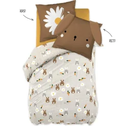 Housse de couette et une taie enfant coton (140 x 200 cm) Pompon Marron