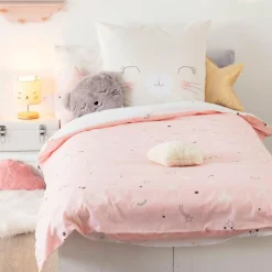 Housse de couette et une taie enfant coton (140 x 200 cm) Chat Rose