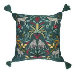 Housse de coussin coton pompons (40 x 40 cm) Malaga Bleu canard