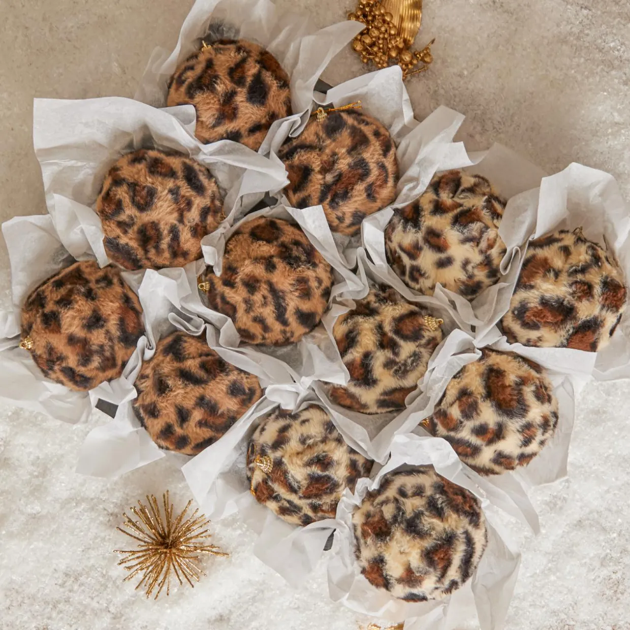 Lot de 12 boules de Noël (D100 mm) Léopard Beige et marron