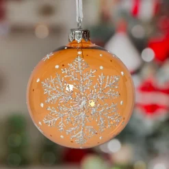 Lot de 6 boules de Noël en verre (D80 mm) Flocon féerique Cognac
