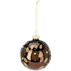 Lot de 12 boules de Noël en verre (D80 mm) Feuilles d'or Marron