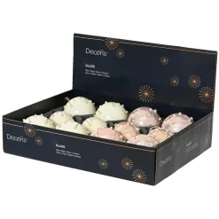 Lot de 12 boules de Noël en verre (D80 mm) Charme et perle Blanc laine et rose poudré