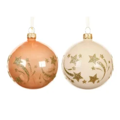 Lot de 6 boules de Noël en verre (D80 mm) Étoiles filantes Pêche et blanc
