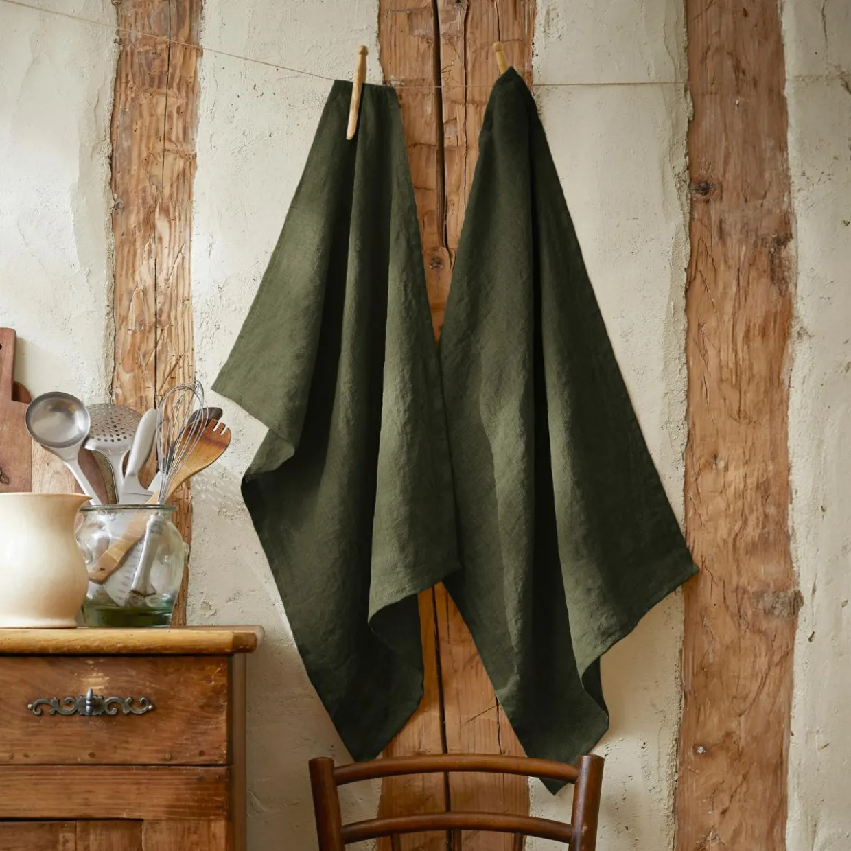 Lot de 2 essuie-mains lin lavé (50 x 70 cm) Louise Vert romarin