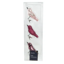 Lot de 3 Oiseaux en verre (8 cm) Christmas Bird Rose