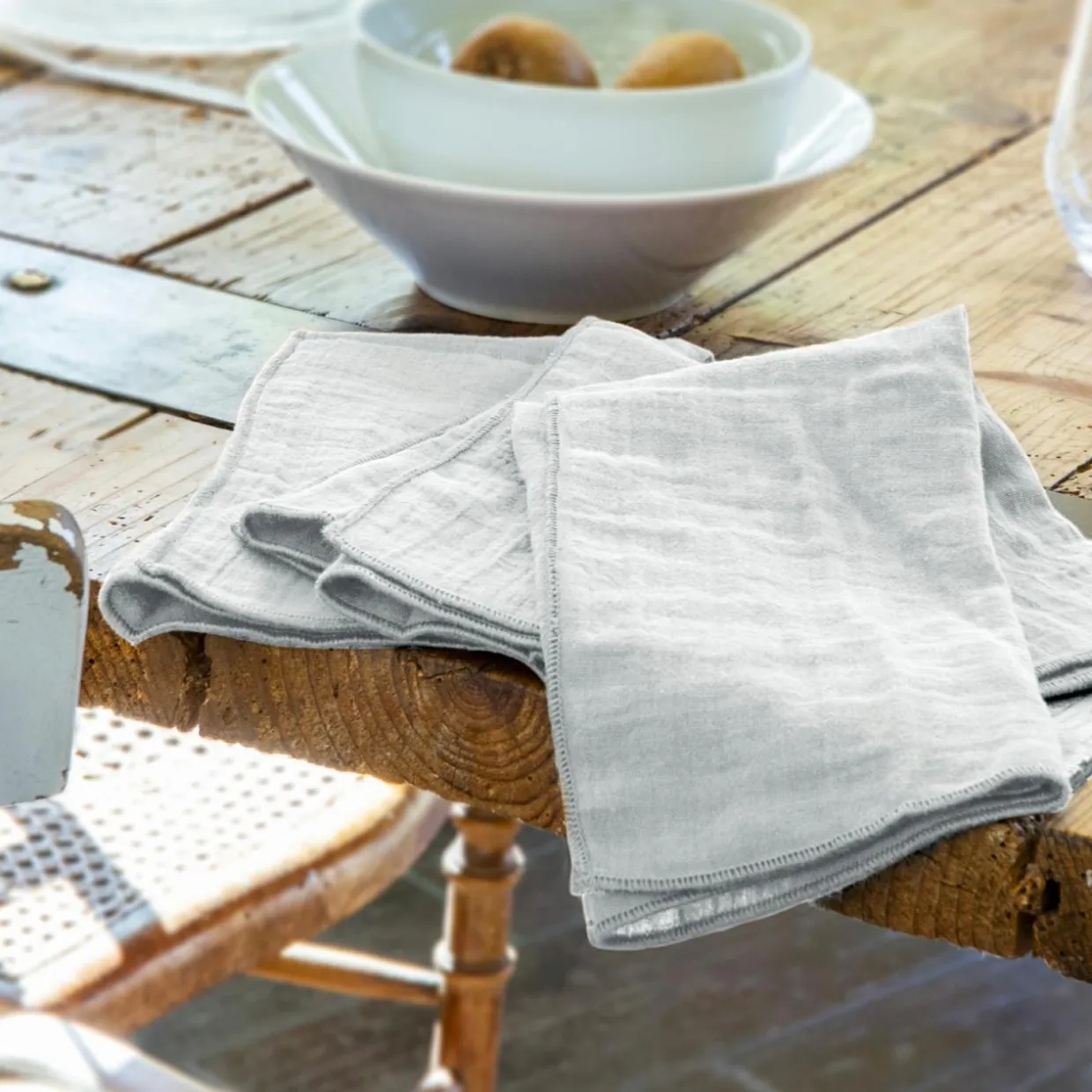 Lot de 3 serviettes gaze de coton (40 x 40 cm) Gaïa Gris nuage