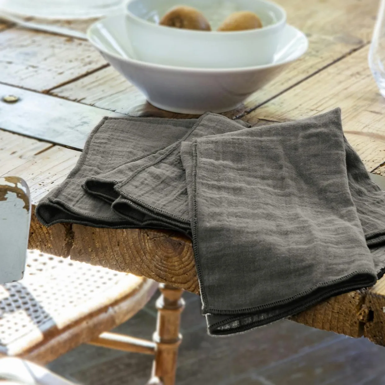 Lot de 3 serviettes gaze de coton (40 x 40 cm) Gaïa Gris granit