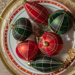 Lot de 12 suspensions de Noël en verre (D80 mm) Velours Rouge et vert