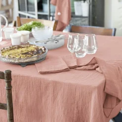 Nappe rectangulaire gaze de coton (150 x 350 cm) Gaïa Rose pêche