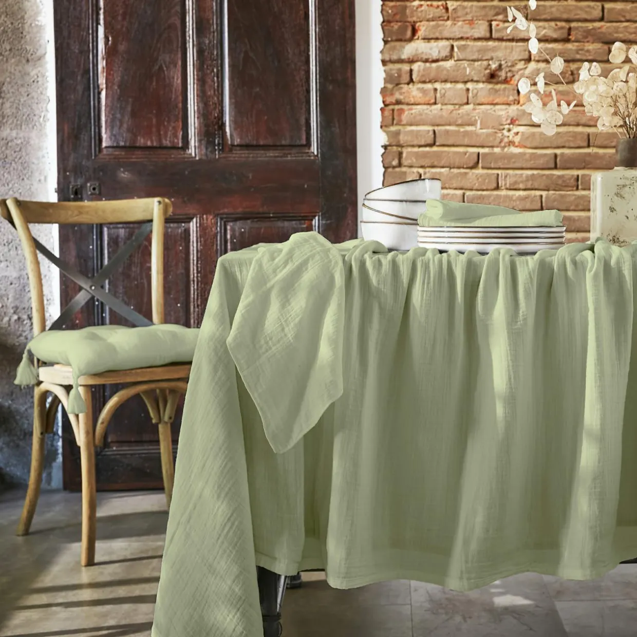 Nappe rectangulaire gaze de coton (150 x 350 cm) Gaïa Vert tilleul