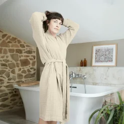 Peignoir de bain gaze de coton S/M Gaïa Beige pampa