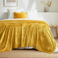 Plaid doux flanelle (220 x 240 cm) Flore Jaune moutarde