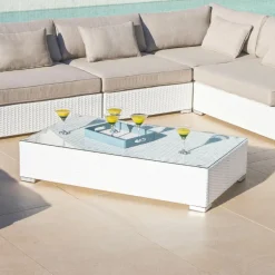 Salon de jardin d'angle en résine tressée 5 places Palma Blanc et taupe