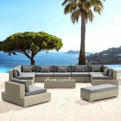 Salon de jardin en résine tressée 9 places 9 pcs Palma Gris et anthracite
