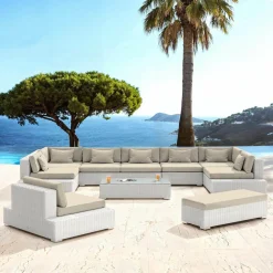 Salon de jardin en résine tressée 9 places 9 pcs Palma Blanc et beige