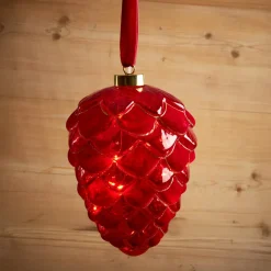 Suspension lumineuse à piles 15 LED (D15 cm) Pomme de pin de Venezia Rouge