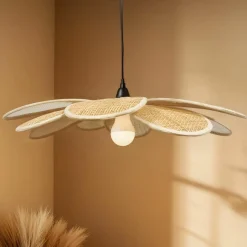 Suspension lumineuse pétale en tissu (D58 cm) Salamanca Naturel beige et noir