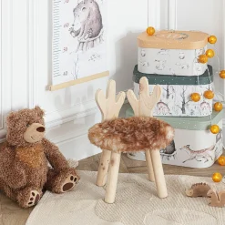 Tabouret enfant bois et fausse fourrure (H38 cm) Cerf Marron