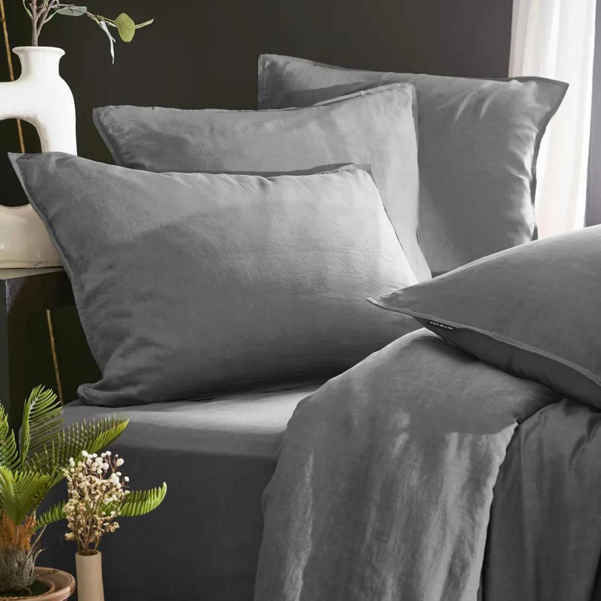 Taie de traversin lyocell Tencel™ lavé (27 x 185 cm) Olivia Gris granit