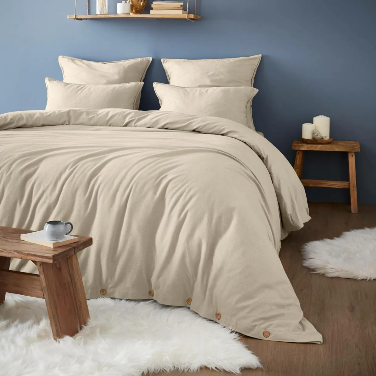 Taie d'oreiller carrée flanelle de coton (80 x 80 cm) Nina Beige