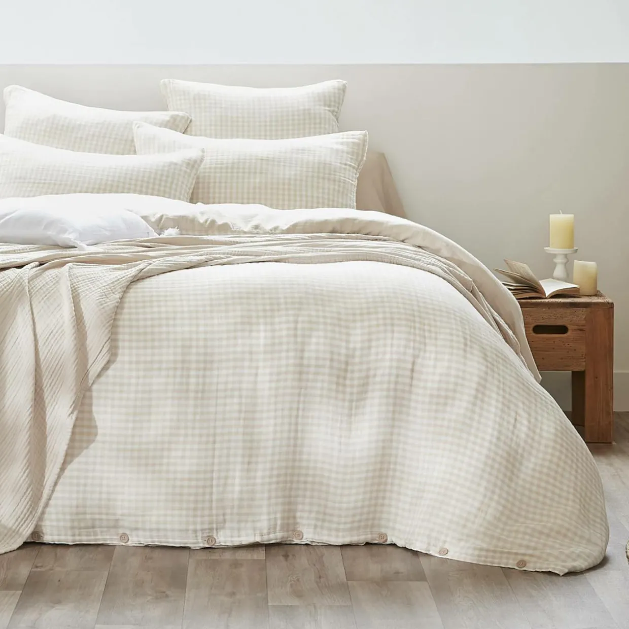 Taie d'oreiller carrée gaze de coton (60 x 60 cm) Gaïa vichy Beige
