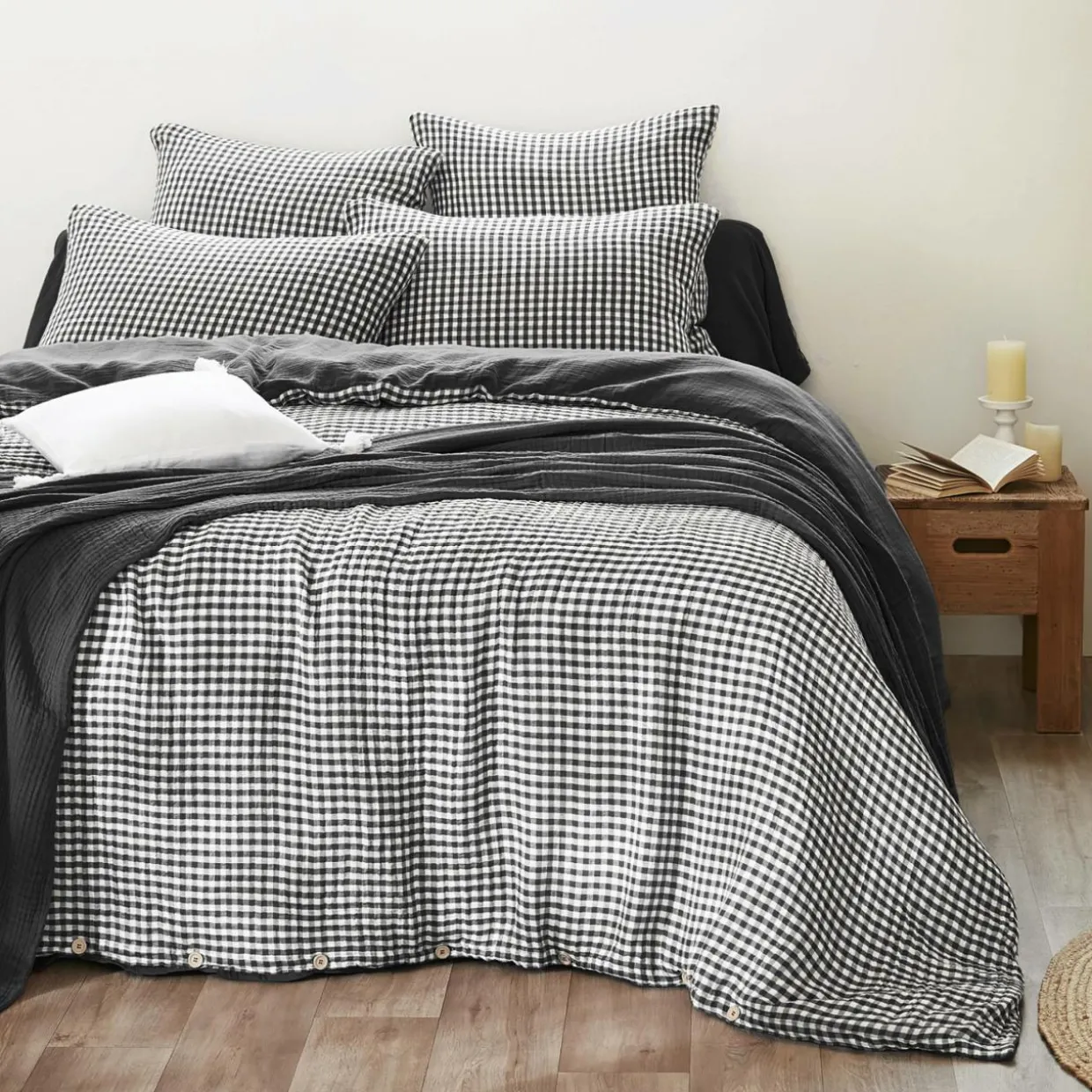 Taie d'oreiller Carrée gaze de coton (80 x 80 cm) Gaïa Vichy Noir