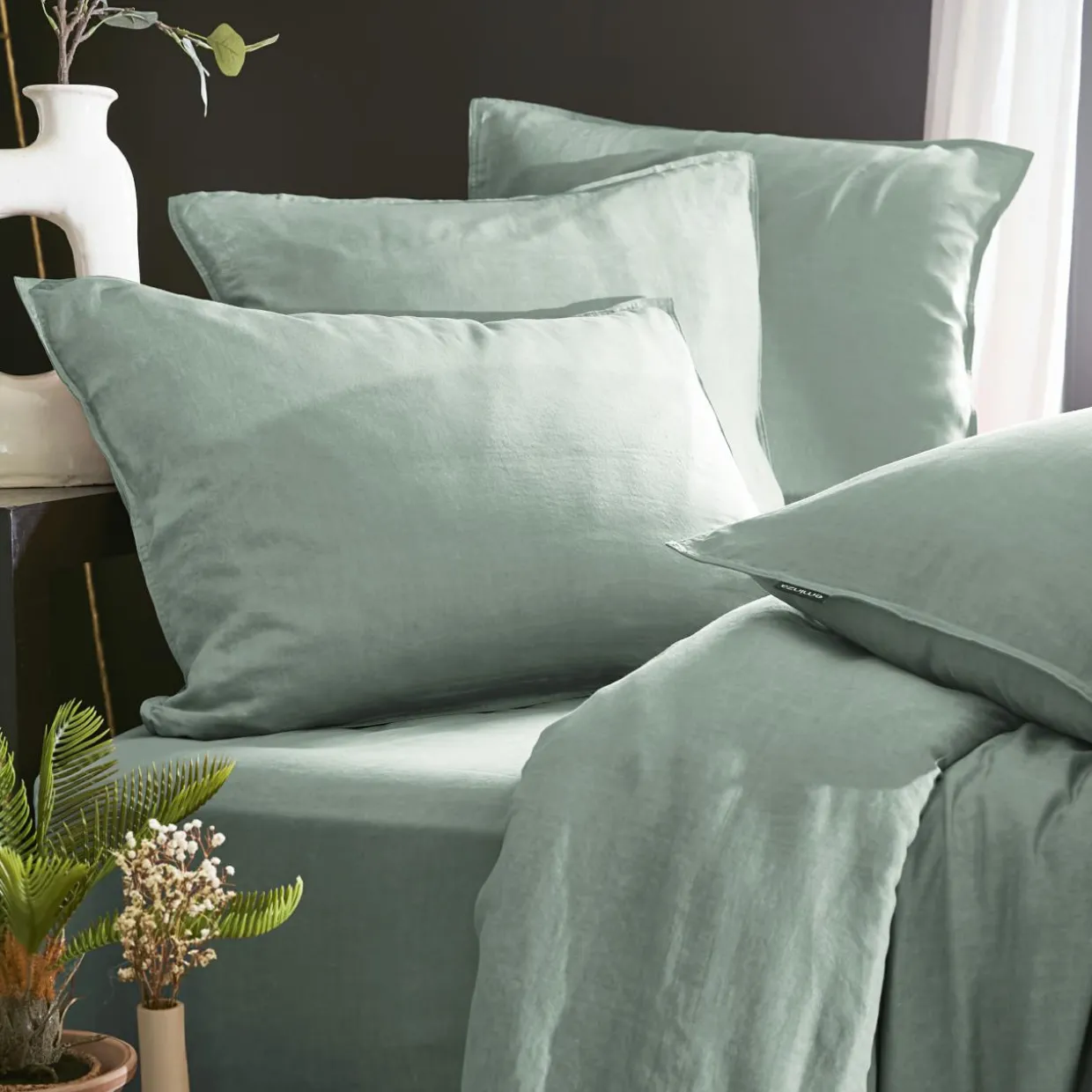 Taie d'oreiller carrée lyocell Tencel™ lavé (63 x 63 cm) Olivia Vert eucalyptus