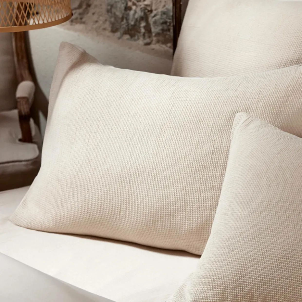 Taie d'oreiller rectangulaire coton nid d'abeille (50 x 80 cm) Eva Beige