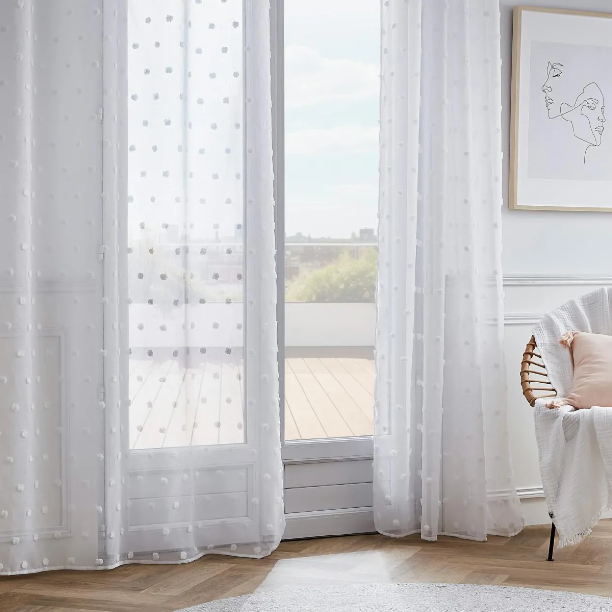Voilage galon fronceur pompons (140 x 240 cm) Emie Blanc